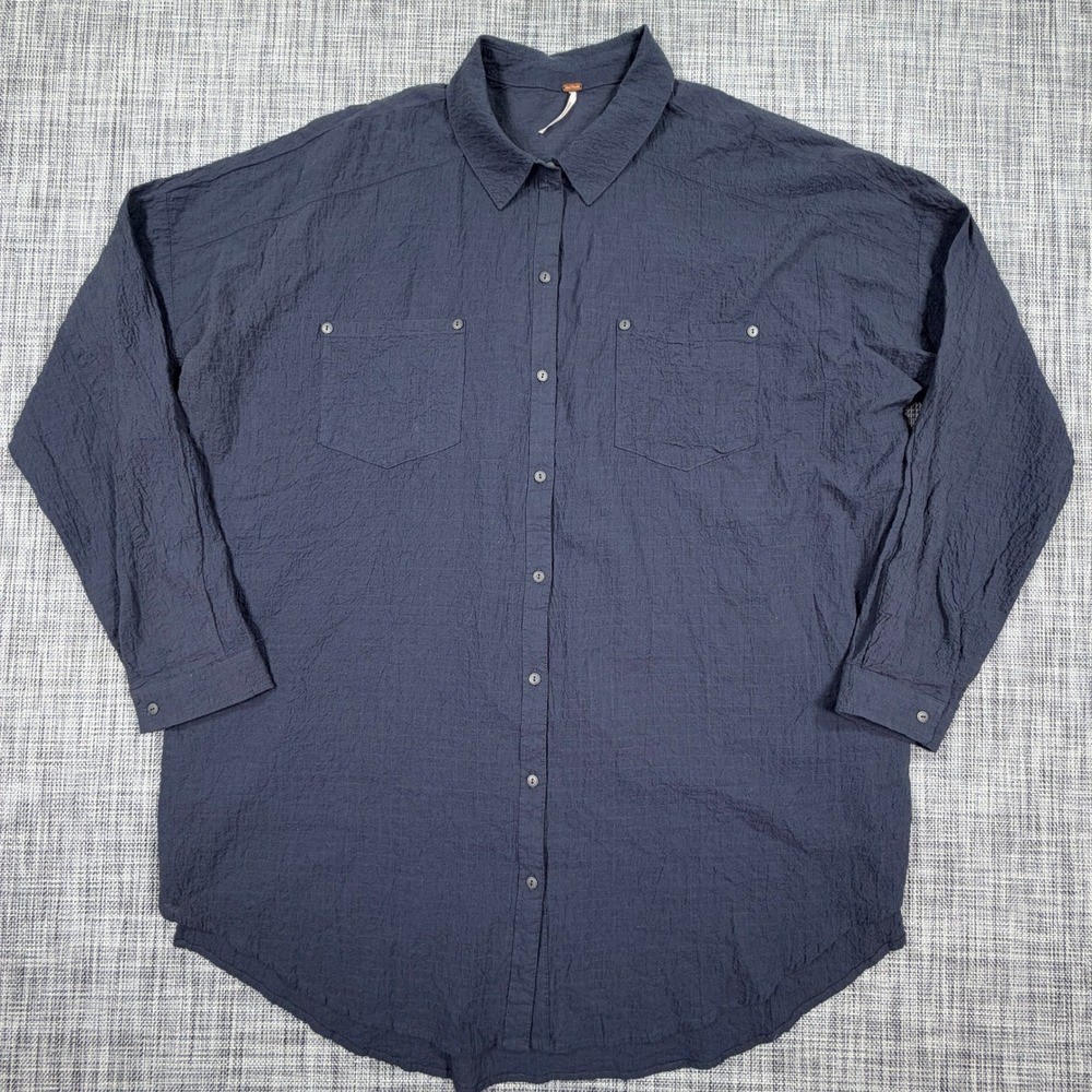 Free People Womens Large Navy Textured Cotton Oversized Button Down Pocket Shirt